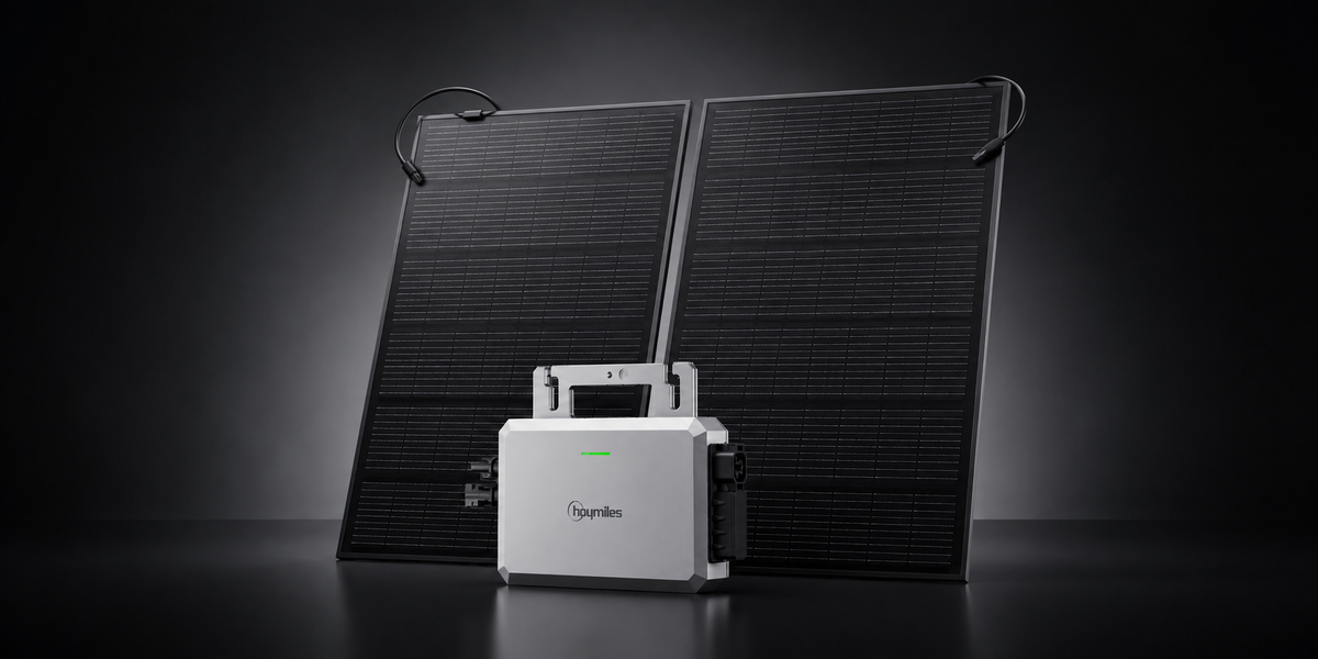Two black solar panels with a Hoymiles micro-inverter