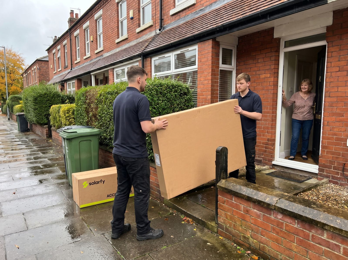 Two delivery drivers carrying a large flat box up the front path of a brick terraced house