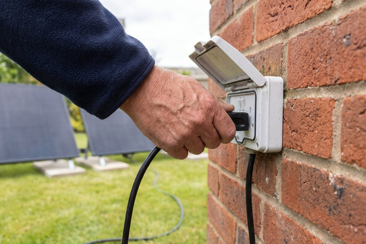 A hand plugging a black UK plug into an outdoor socket on a brick wall, solar panels on the lawn in the background